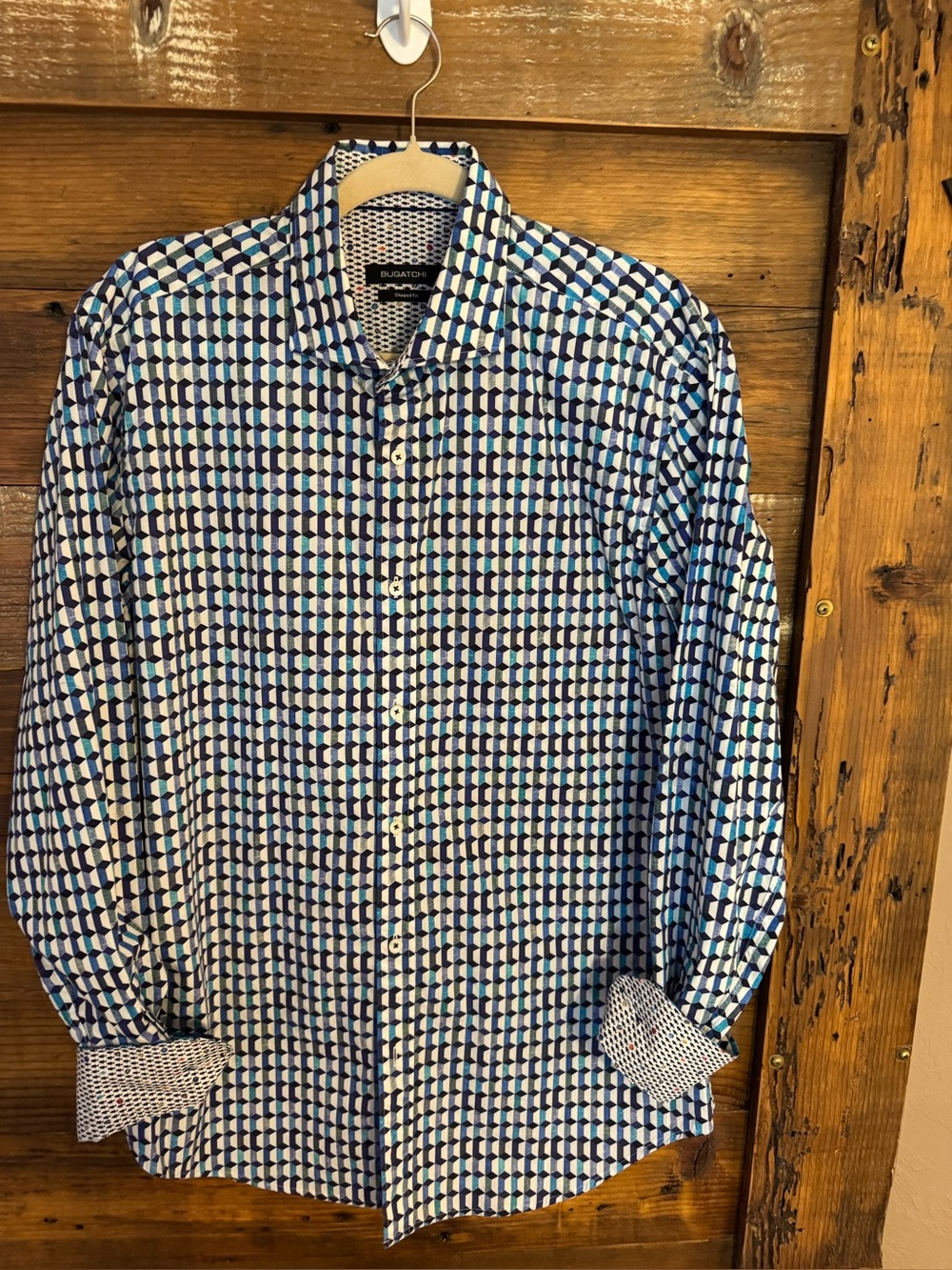 Men's Bugatchi Geometric Print Button-Up Shirt - Blue/White with fish on cuffs